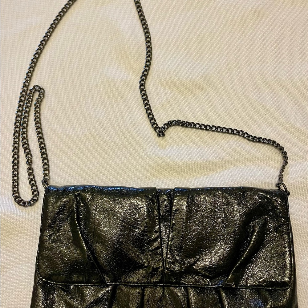 Black Faux Leather Ruched Clutch Crossbody Chain Strap Evening Bag Y2K